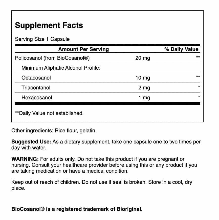 Swanson Policosanol, etiquette lisible sur la bouteille etendue.