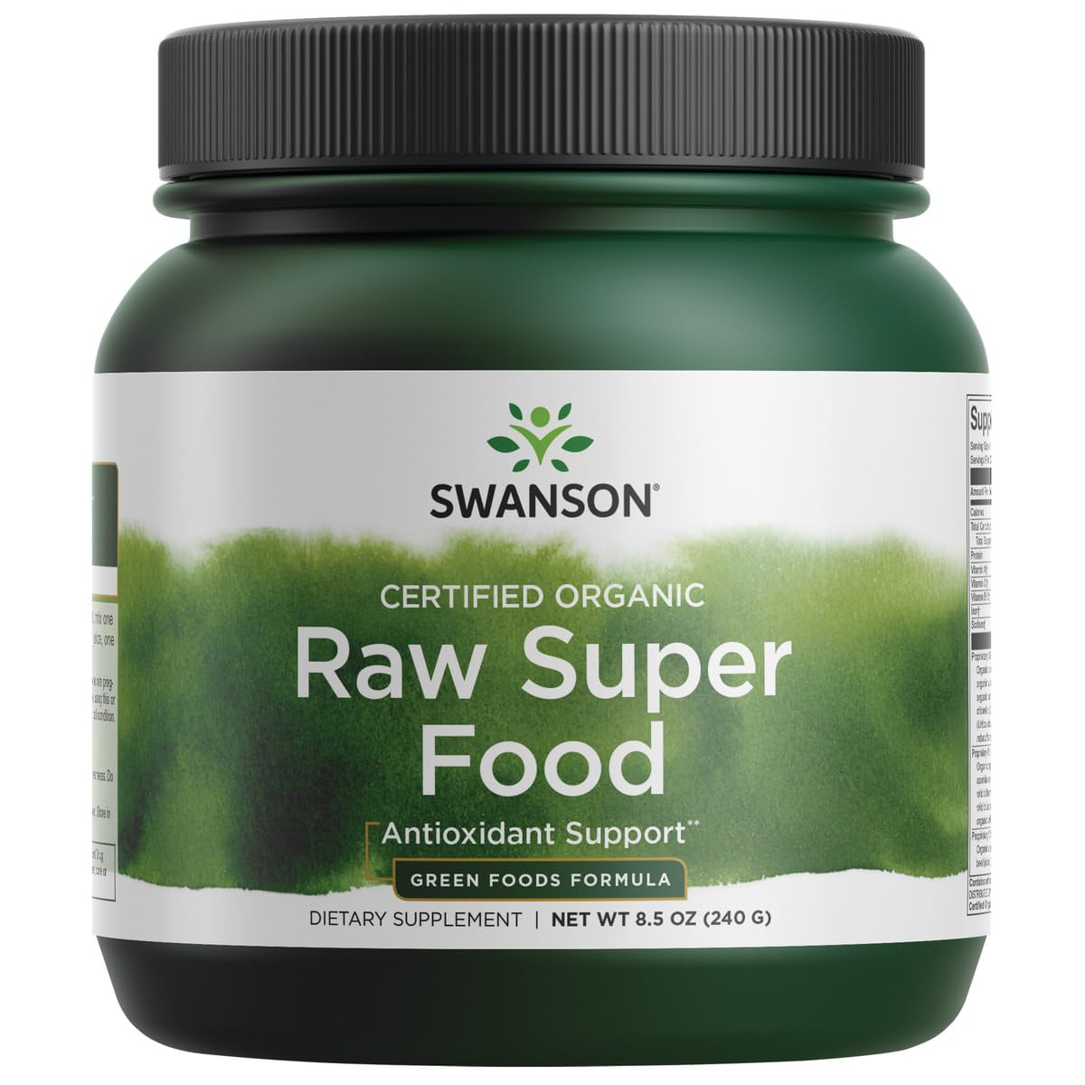 Swanson poudre super-aliment bio avec cuillère doseuse dans un verre, idéal pour un soutien antioxydant.