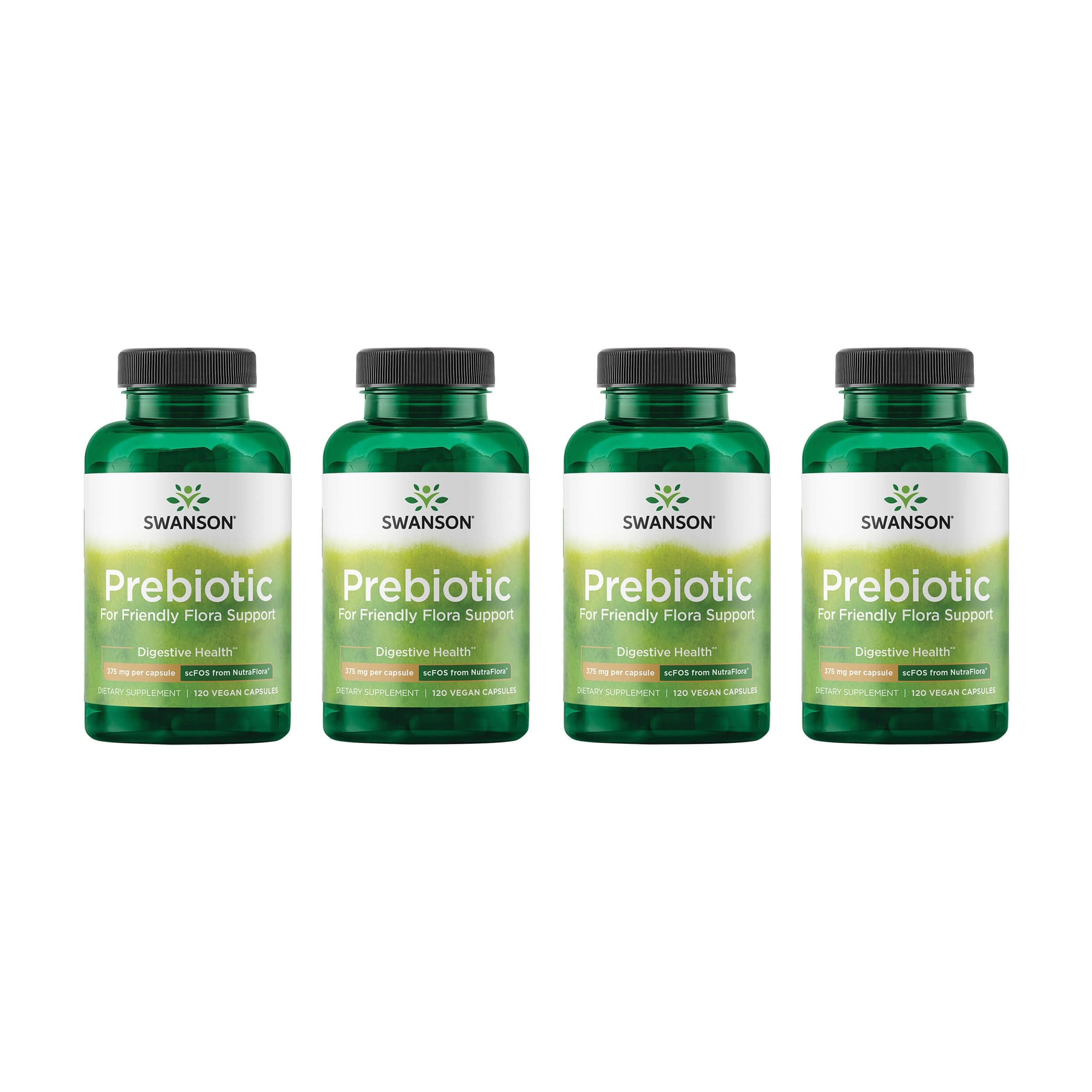 Swanson Prébiotiques Capsules: bouteille montrant les gélules pour favoriser une flore intestinale équilibrée.