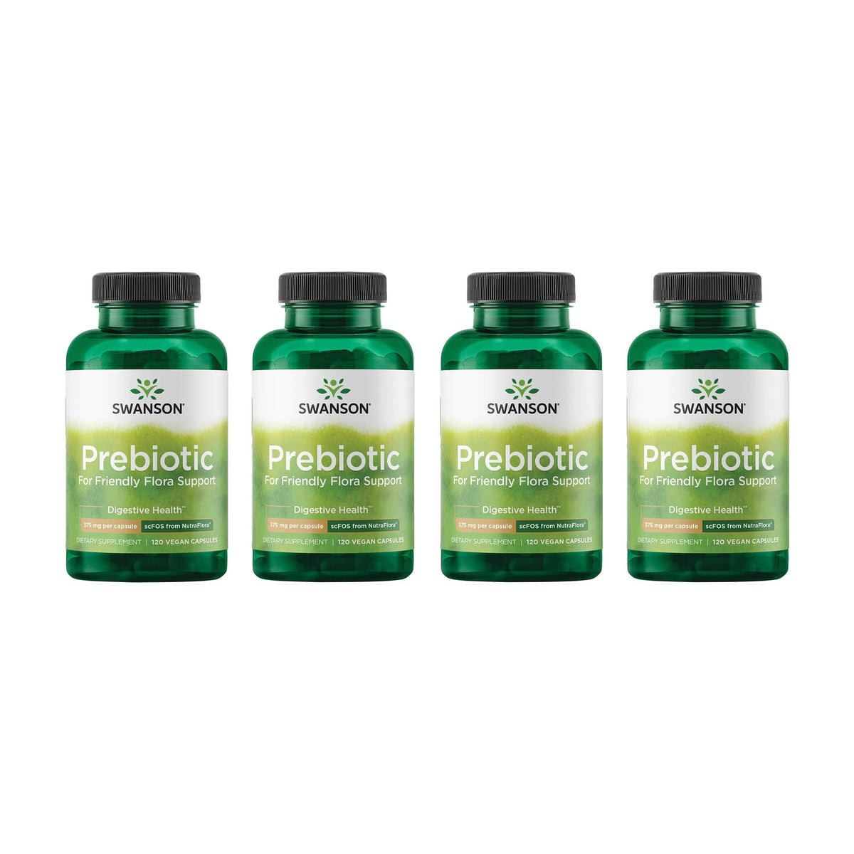 Swanson Prébiotiques Capsules: bouteille montrant les gélules pour favoriser une flore intestinale équilibrée.