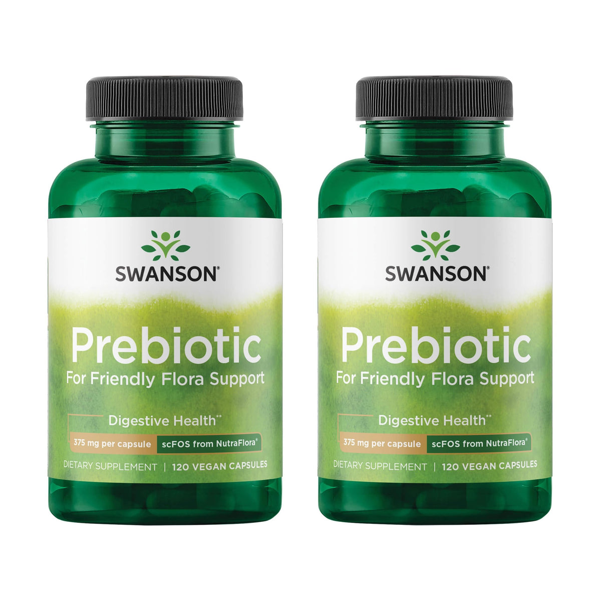 Swanson prébiotiques capsules visibles dans la boîte, soutien potentiel à la flore intestinale.