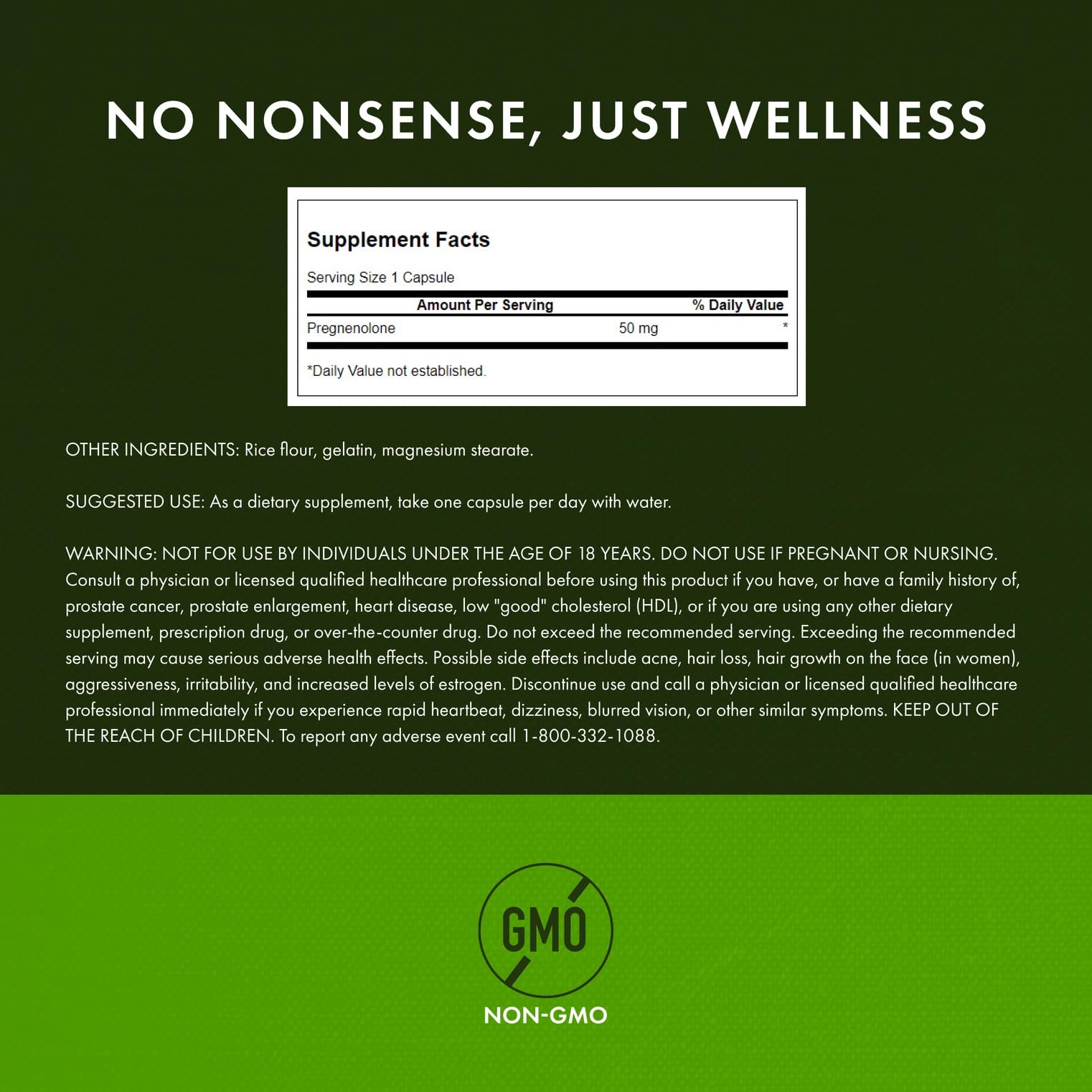 Swanson Ultra Pregnenolone, gélules 50 mg en gros plan, dosage constant.