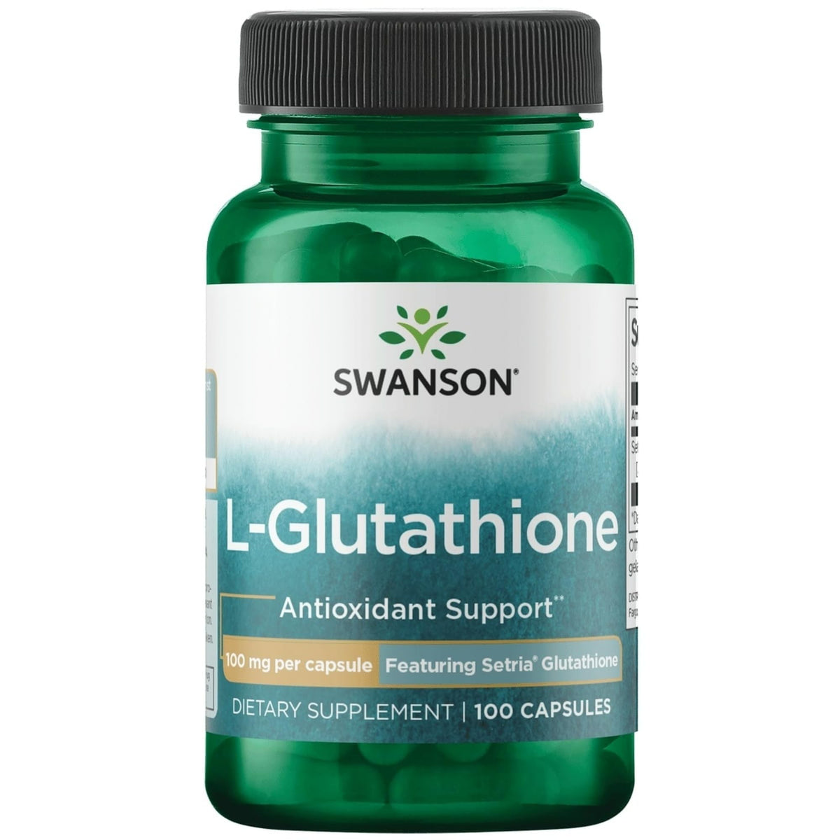 Swanson L-Glutathion 100 mg, bouteille de capsules, soutien potentiel contre le stress oxydatif.