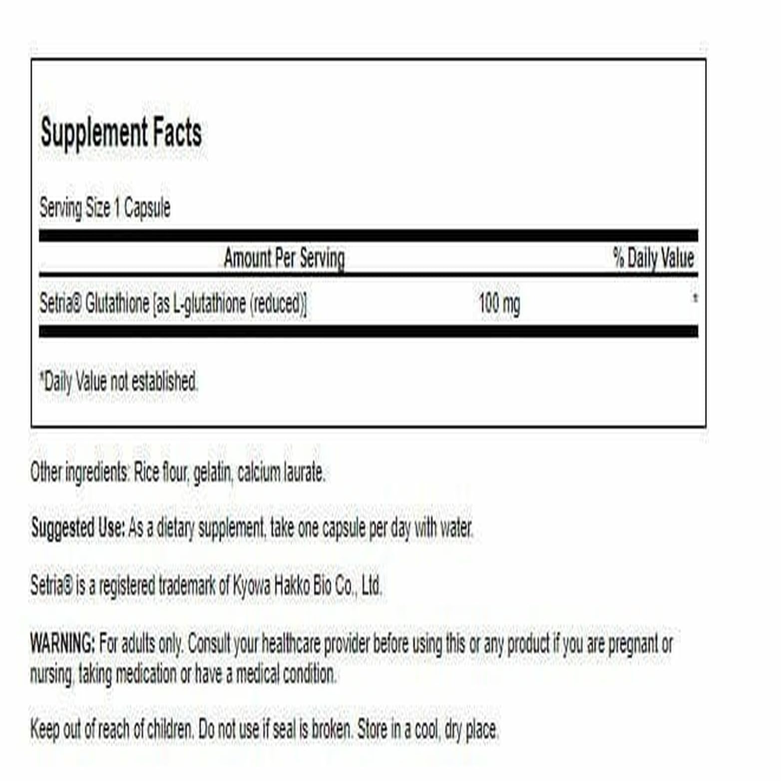 Swanson L-Glutathion 100 mg, etiquette nutritionnelle, formule végétale et complète.