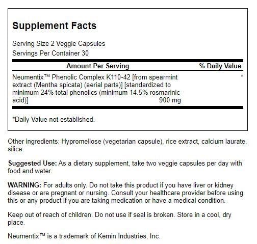 Swanson Neumentix emballage : 60 capsules, aide possible à maintenir la concentration pendant la journée