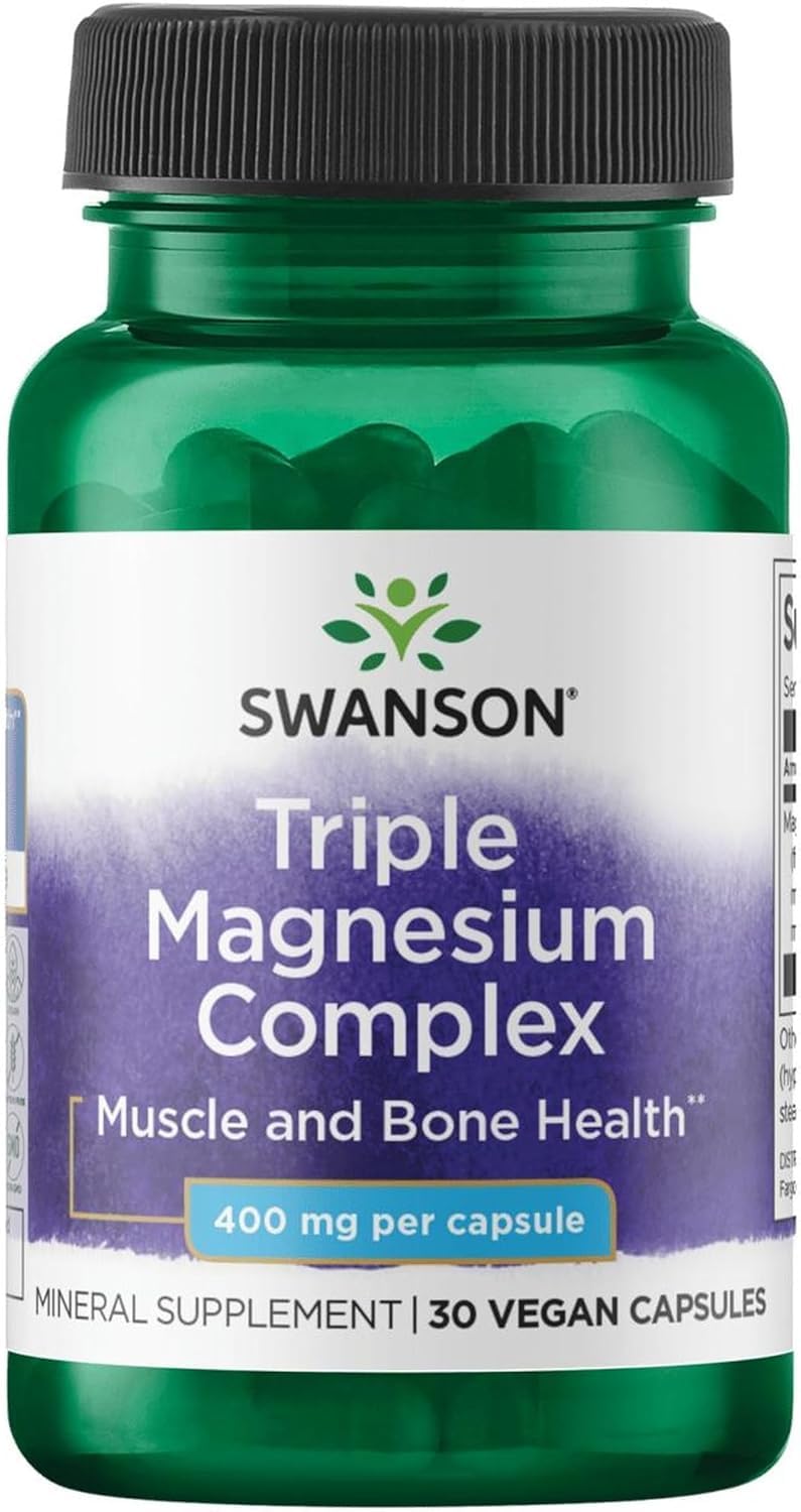 Swanson Magnésium Triple: flacon et gélules, soutien potentiel du système nerveux.