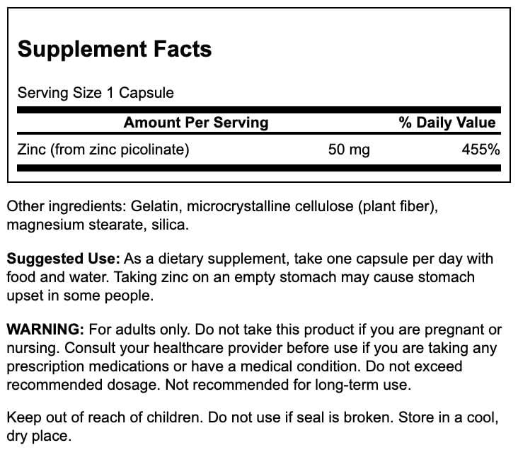 Étiquette Swanson Zinc Picolinate, montrant le sceau sans gluten et sans OGM.