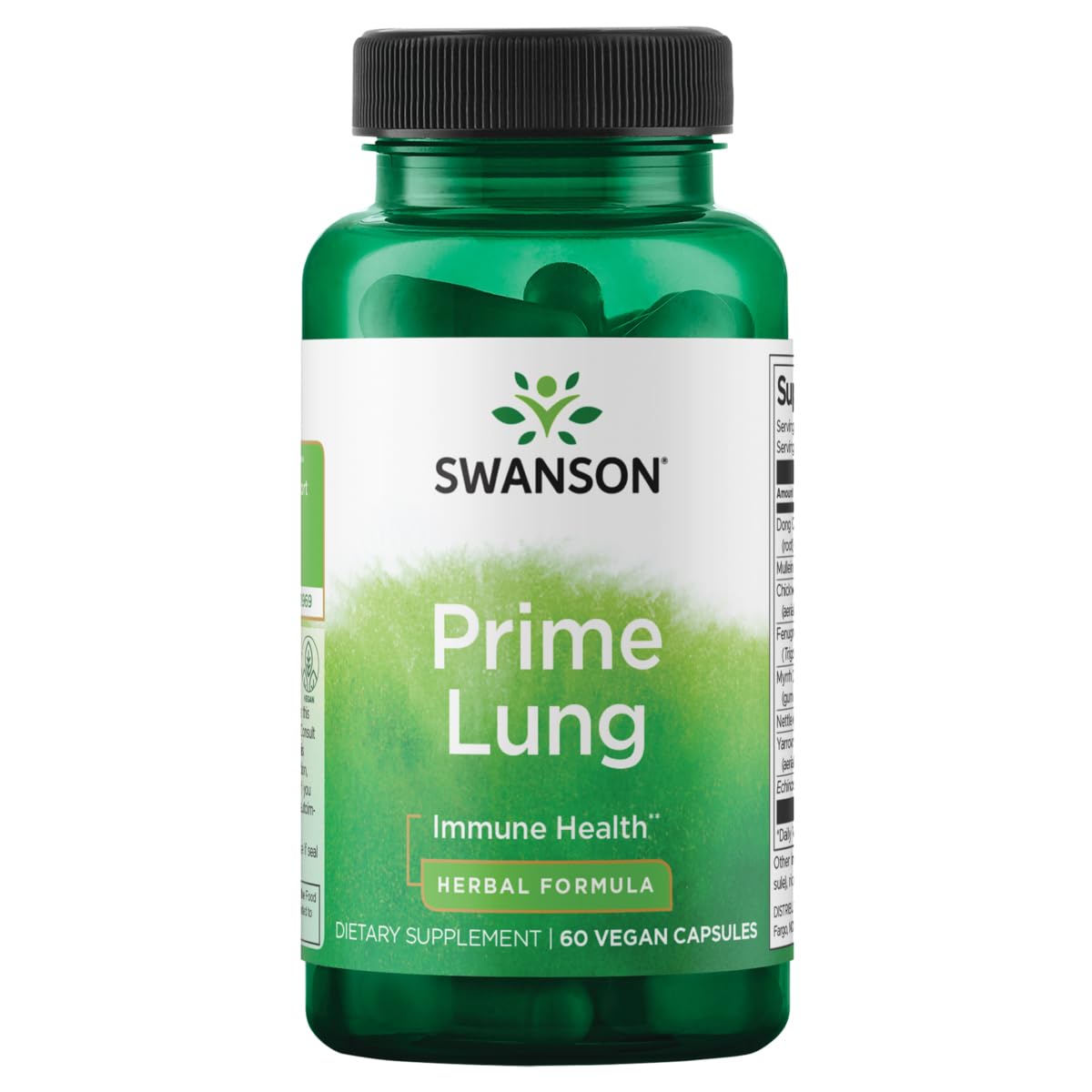 Swanson Prime Lung, bouteille de gélules végétales, soutien potentiel à la fonction pulmonaire.