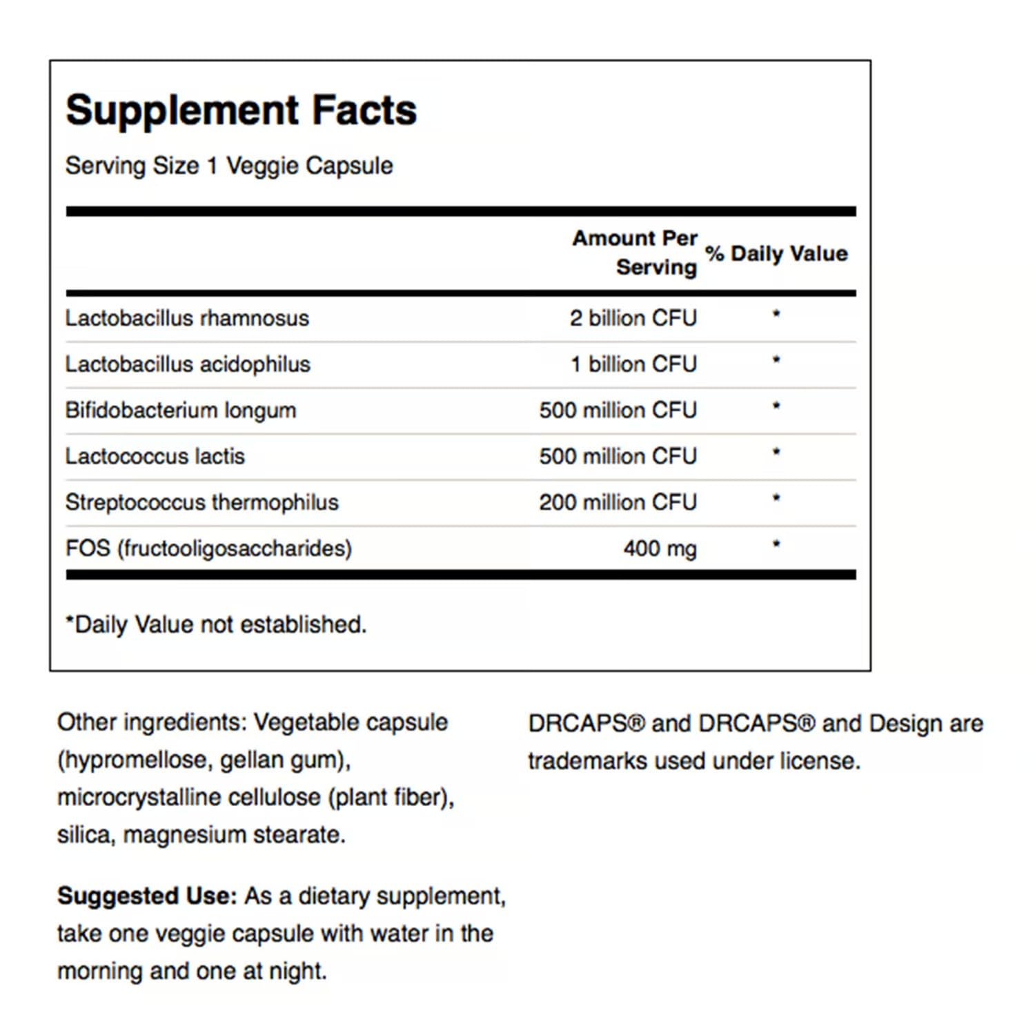 Étiquette Swanson Probiotic Complex montrant l’emballage et les normes de qualité.