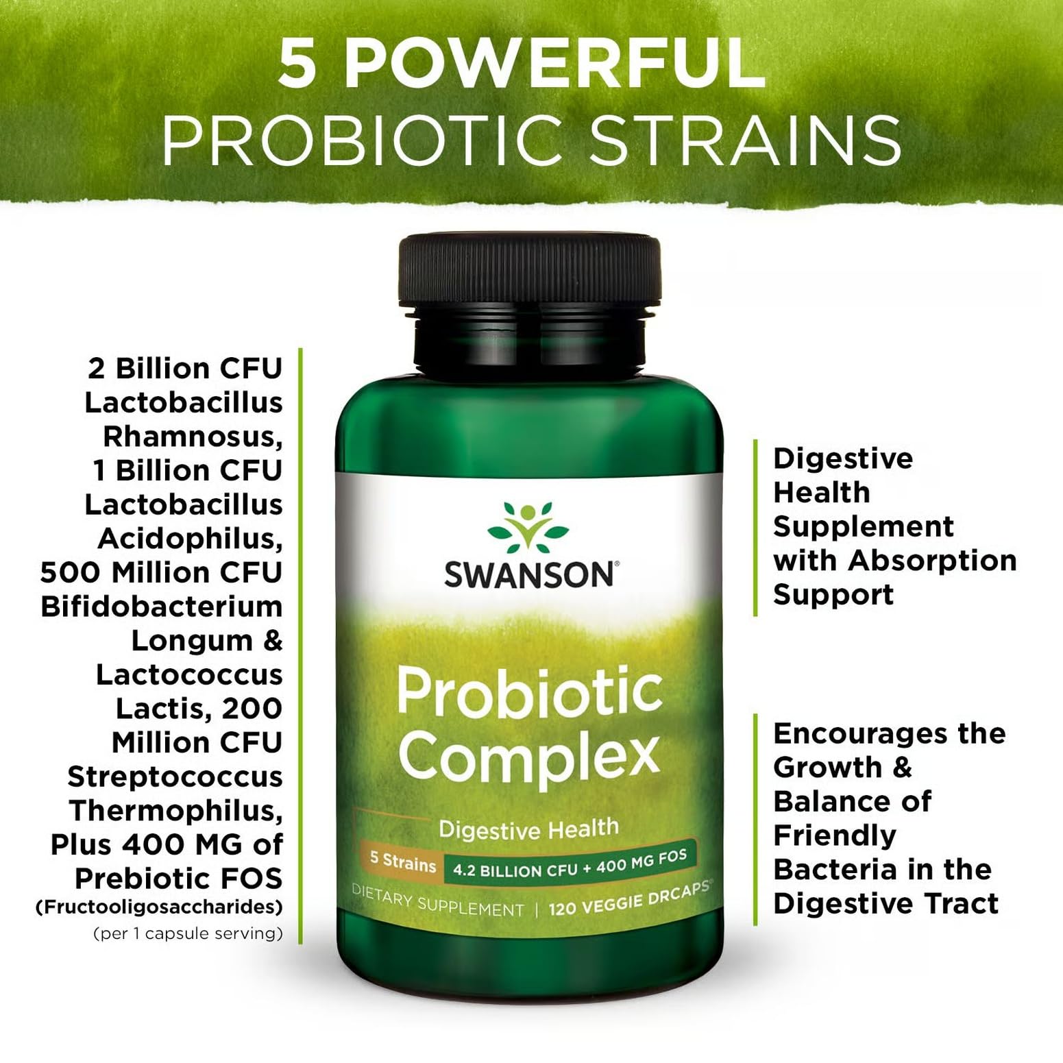 Swanson Probiotic Complex – prébiotique FOS pour nourrir les bonnes bactéries.