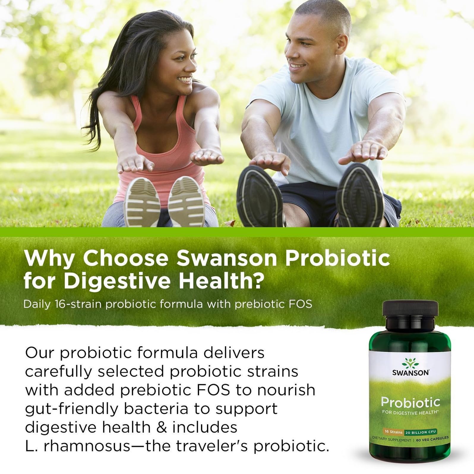 Swanson Probiotic: capsules sur fond neutre, promesse d'une digestion équilibrée.