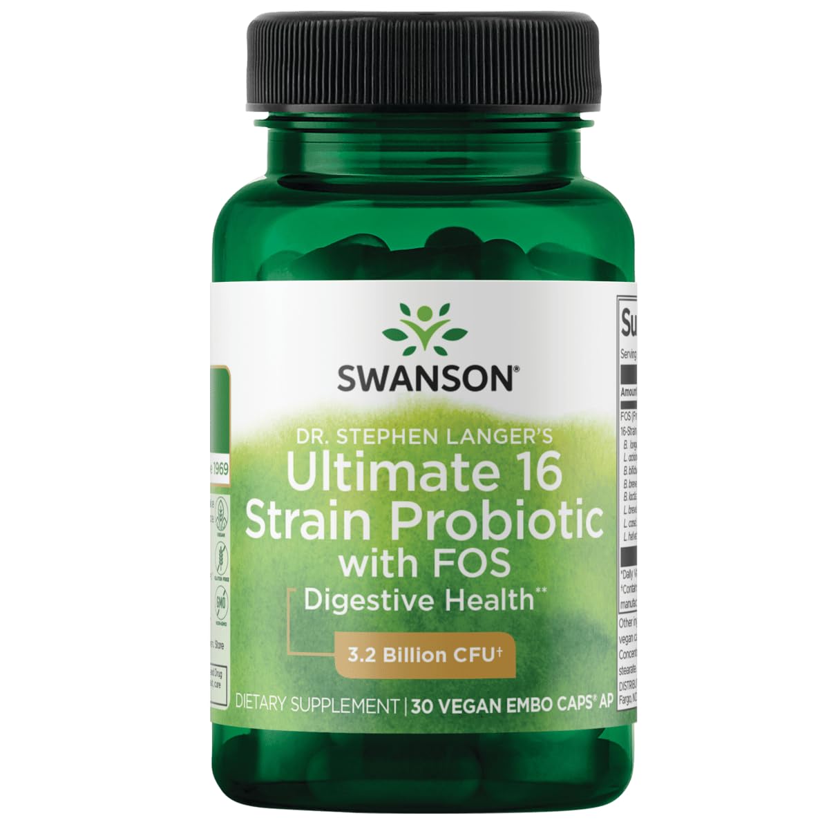 Swanson probiotique 16 souches dans une bouteille, soutien potentiel à l'équilibre digestif.
