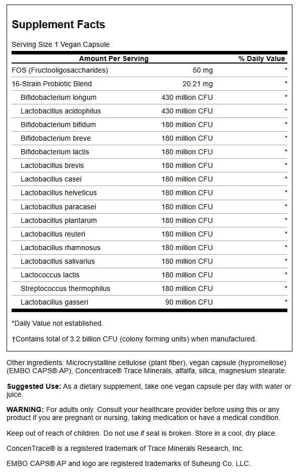 Swanson probiotique 16 souches avec capsules végétales, pratique pour un apport quotidien.