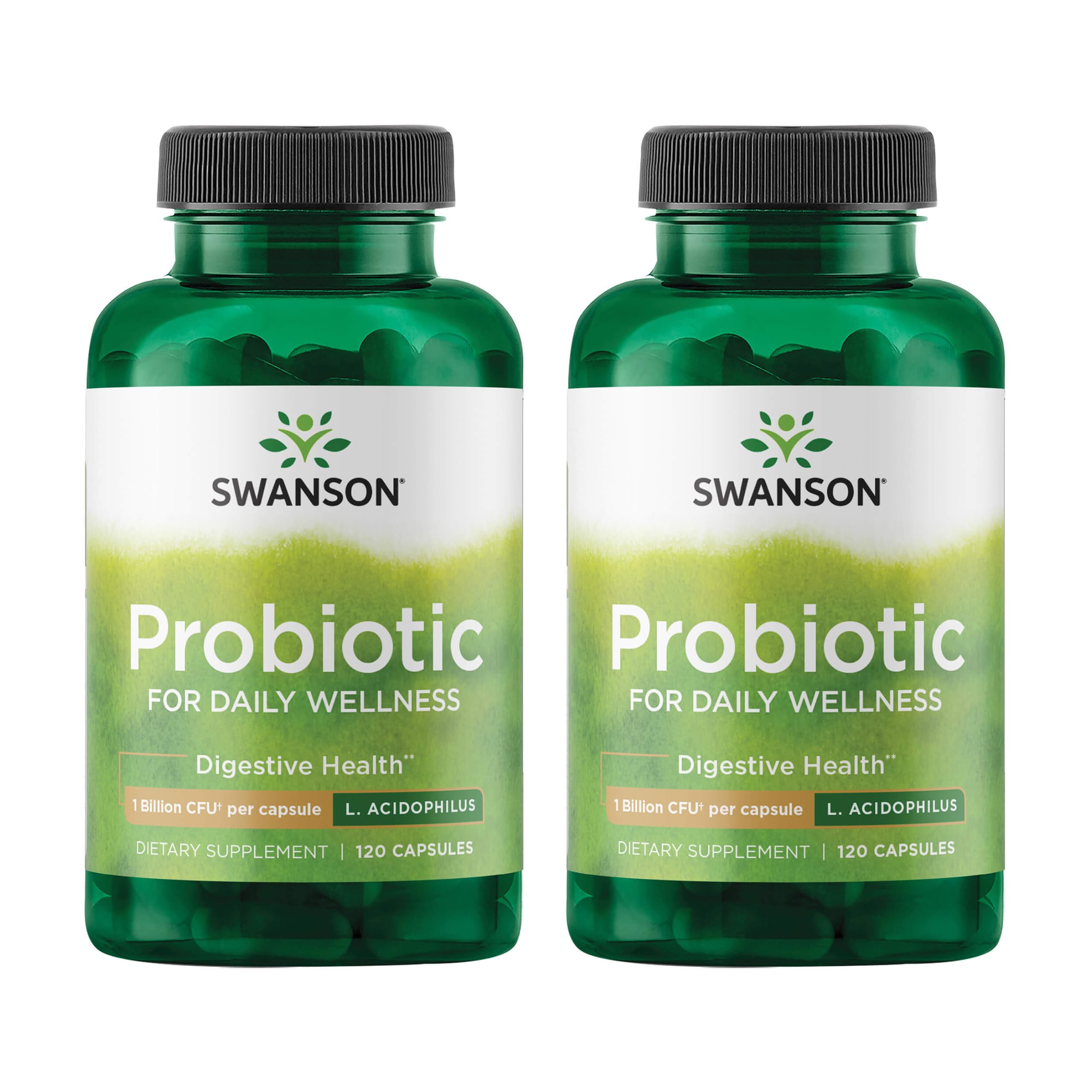 Swanson Probiotique: bouteille-gelules, soutient la digestion et le bien etre quotidien.