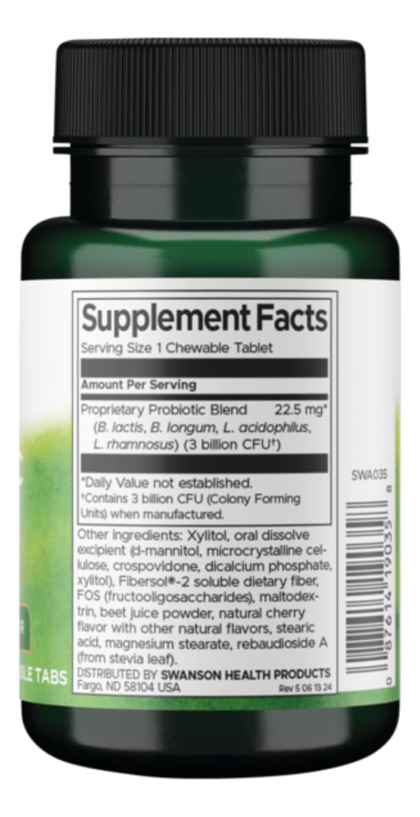 Étiquette Swanson Probiotique Enfants Cerise avec ingrédients et dosage