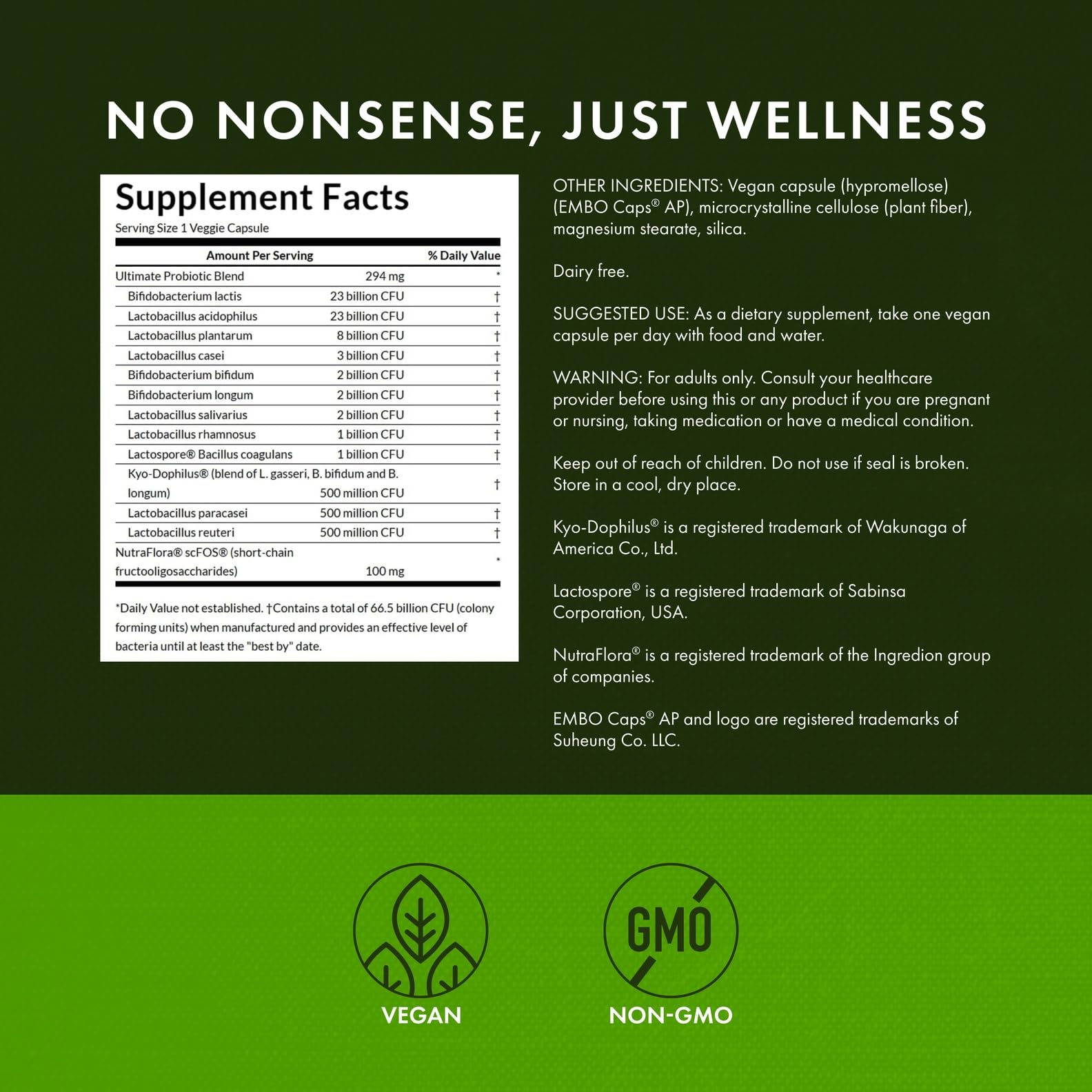 Étiquette Swanson Probiotique affichant ingrédients et garanties de qualité.