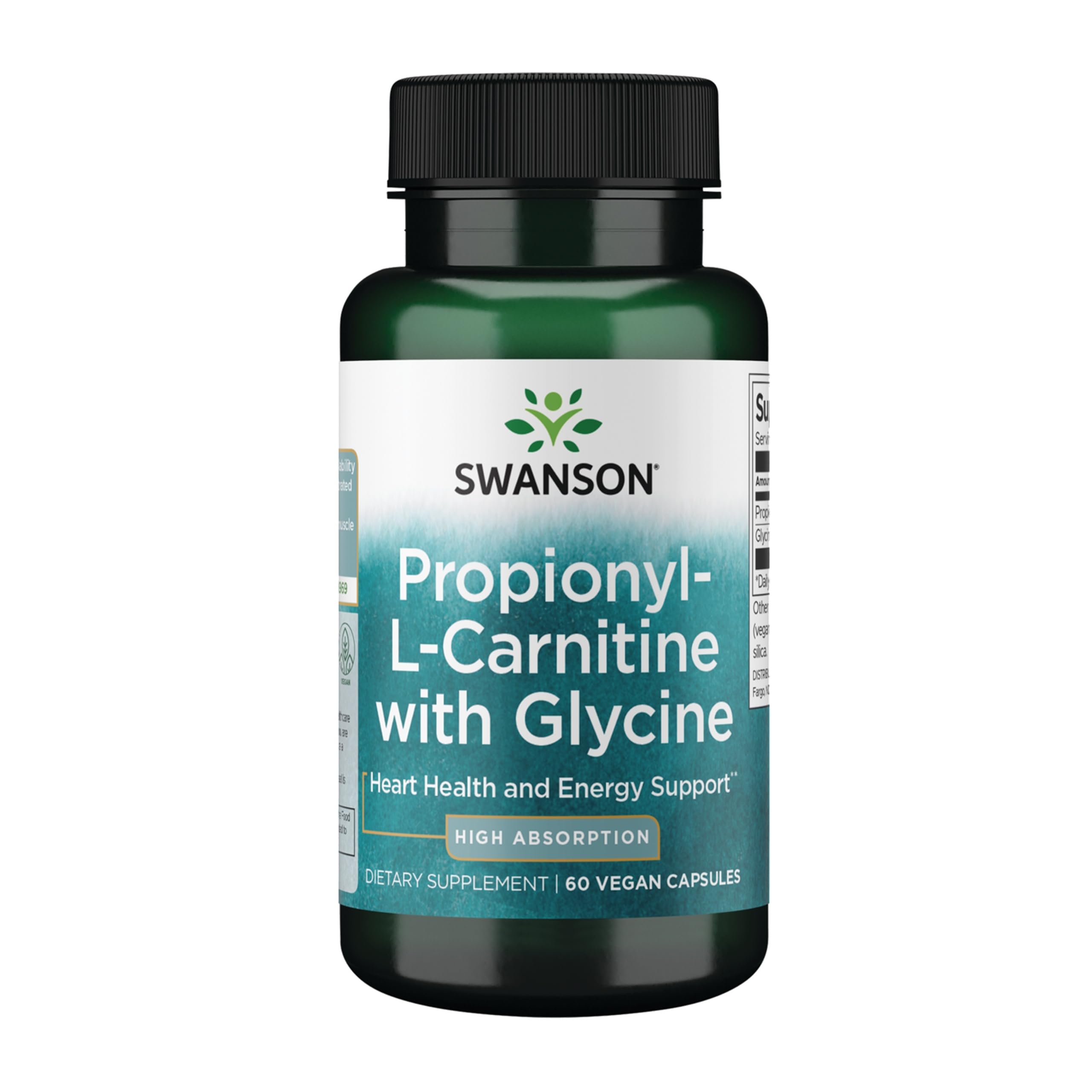 Swanson Propionyl L-Carnitine avec Glycine, bouteille de 60 capsules végétales, soutien potentiel du cœur.