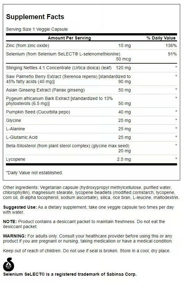 Swanson Prostate Plus: étiquette nutritionnelle décrivant les nutriments pour la prostate.