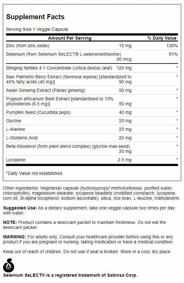 Swanson Prostate Plus, etiquette du produit, dosage clair pour routine quotidienne.