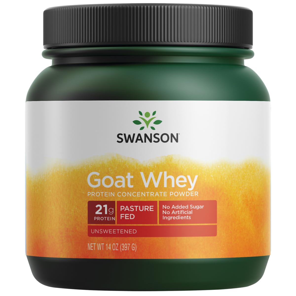 Swanson protéine chèvre concentrée en poudre dans un pot, énergie durable et satiété.