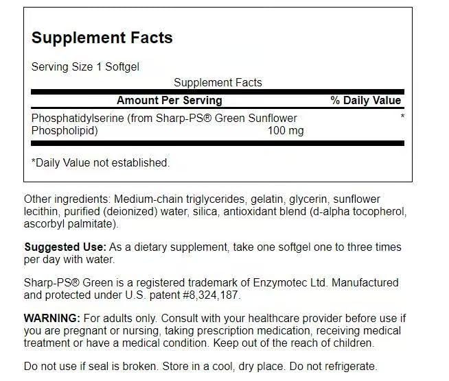 Swanson phosphatidylsérine tournesol sans soja bouteille – formulation sans soja adaptée.