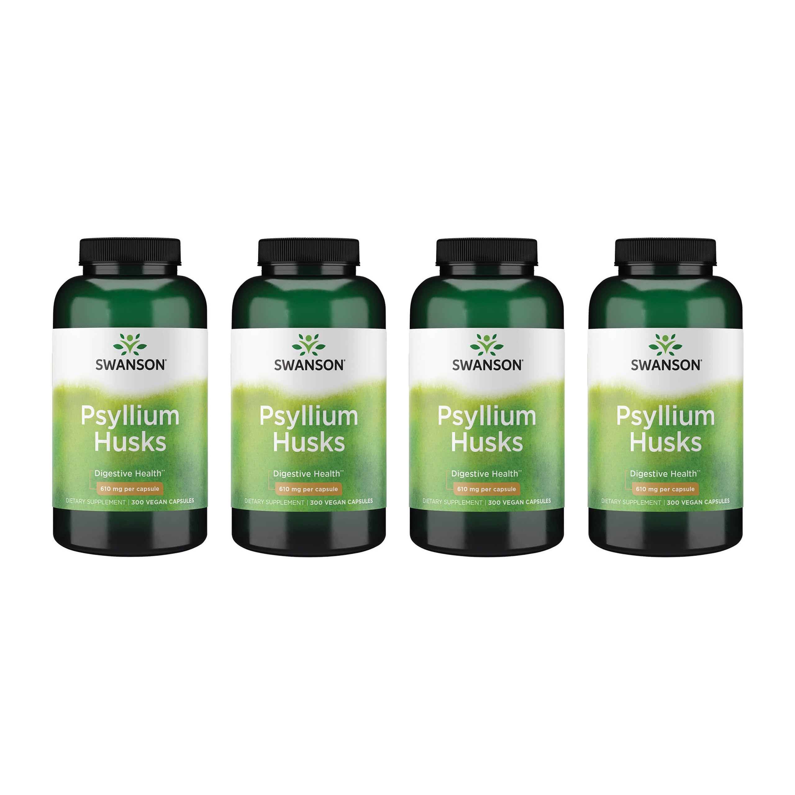 Swanson Psyllium gélules 610 mg, vue boîte et flacon, soutien à l’apport en fibres.