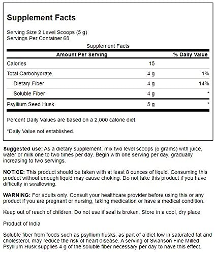 Bouteille Swanson Psyllium, poudre de 340 g facile à mesurer.