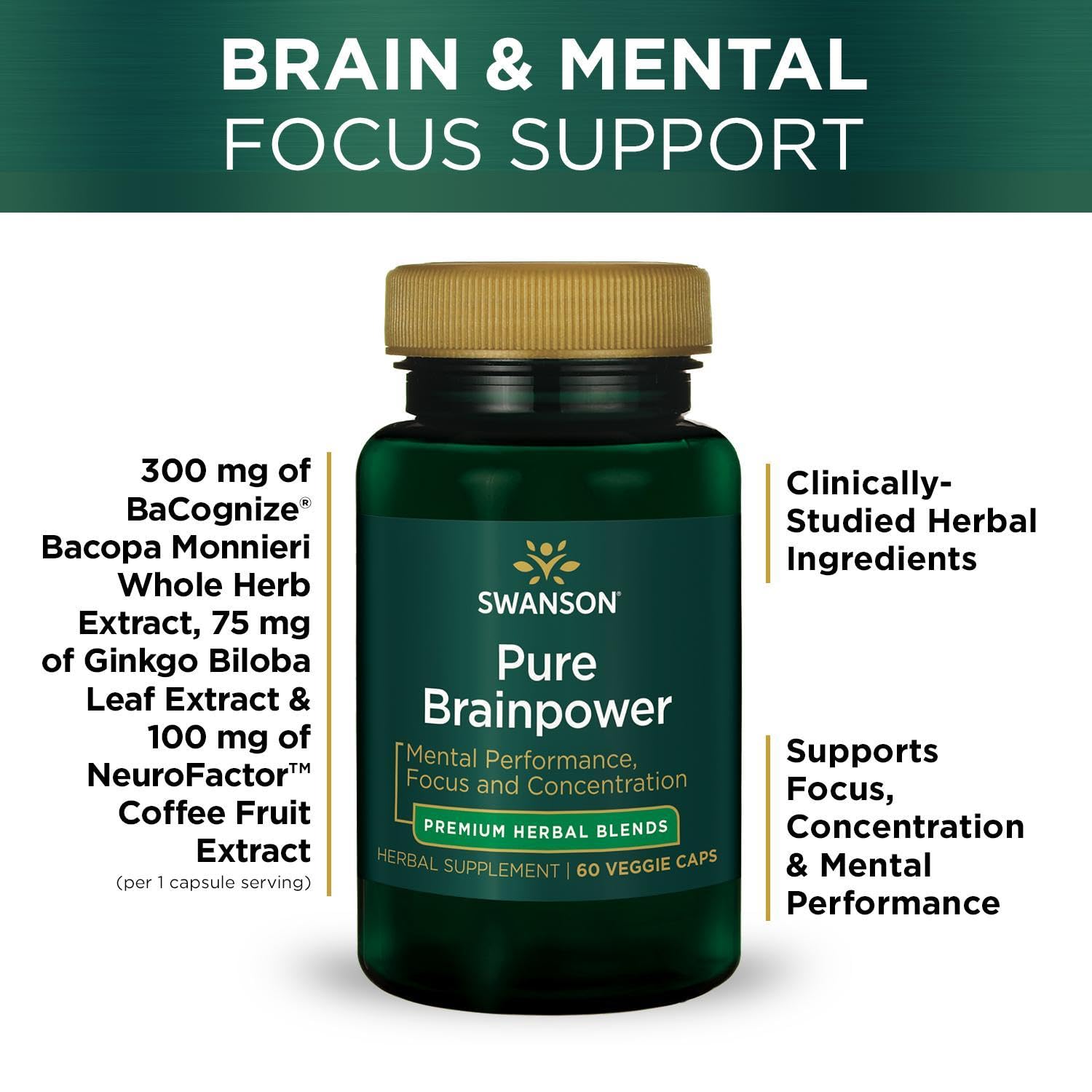 Swanson Pure Brainpower: ingrédients ginkgo-bacopa visibles, concentration possible.