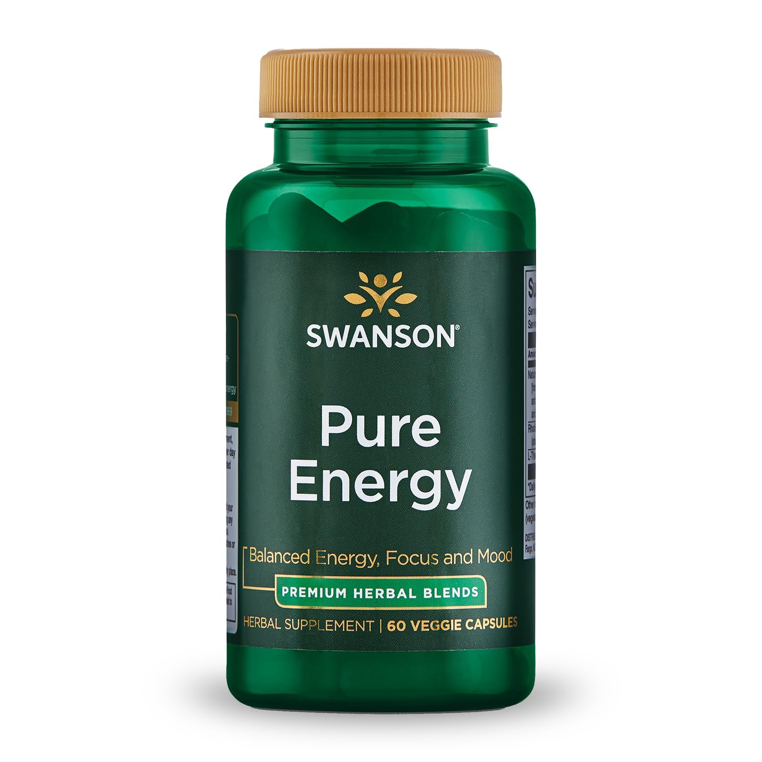 Swanson Pure Energy capsules vegan – bouteille visible, énergie soutenue et concentration accrue.