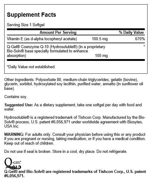 Swanson Q-Gel Mega 100, gélules visibles dans l'emballage, soutien potentiel à la performance.
