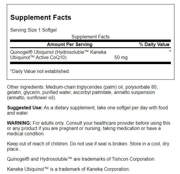 Swanson Quinogel: gélules d ubiquinol hydrosoluble pour la santé cardiovasculaire et cognitive.