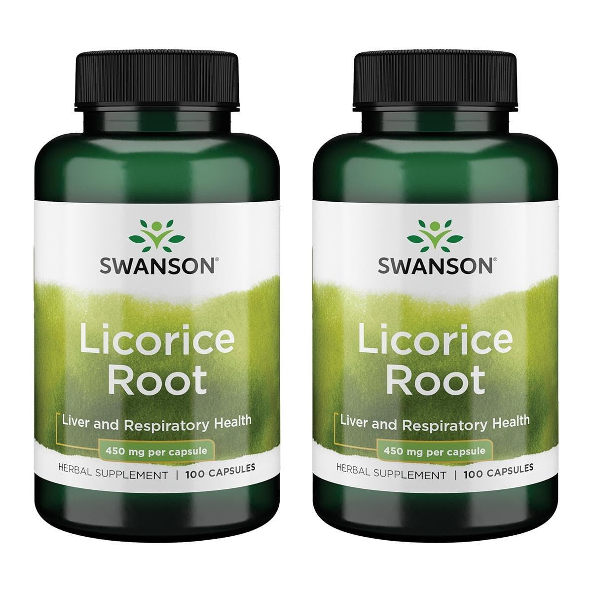 Swanson Réglisse racine, bouteille 450 mg, soutien digestif et voies respiratoires potentiels.