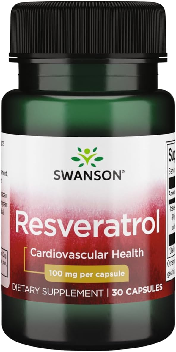 Swanson Resveratrol 100, bouteille de capsules, soutien antioxydant potentiel et vitalité