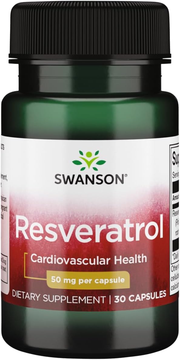 Swanson Resveratrol 50, bouteille et capsules, potentiel soutien antioxydant quotidien.