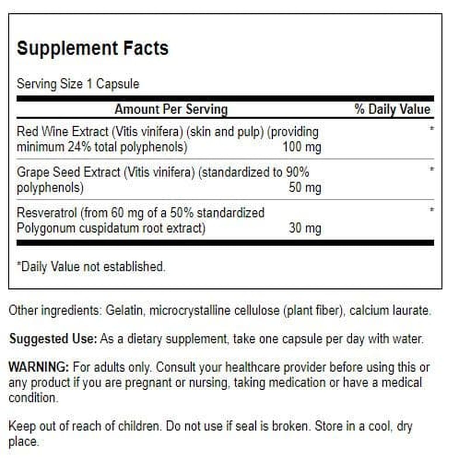 Swanson Résveratrol Complex : étiquette claire, ingrédients naturels et sûrs.