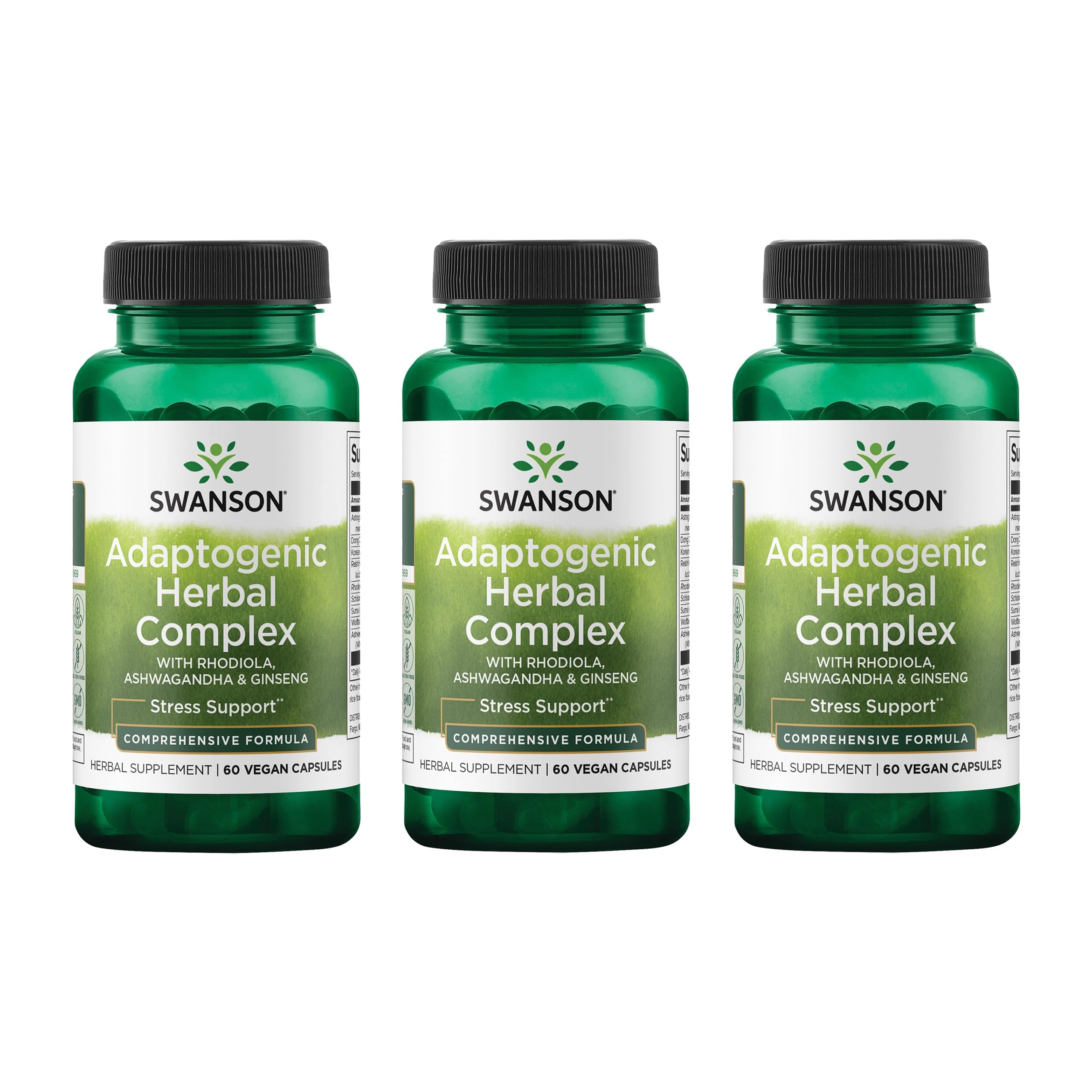 Swanson Rhodiola Ashwagandha Ginseng Complex – bouteille: soutien énergie et concentration naturelle.