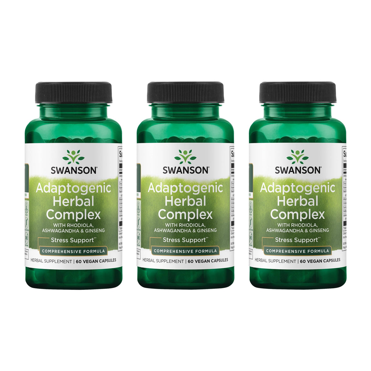 Swanson Rhodiola Ashwagandha Ginseng Complex – bouteille: soutien énergie et concentration naturelle.