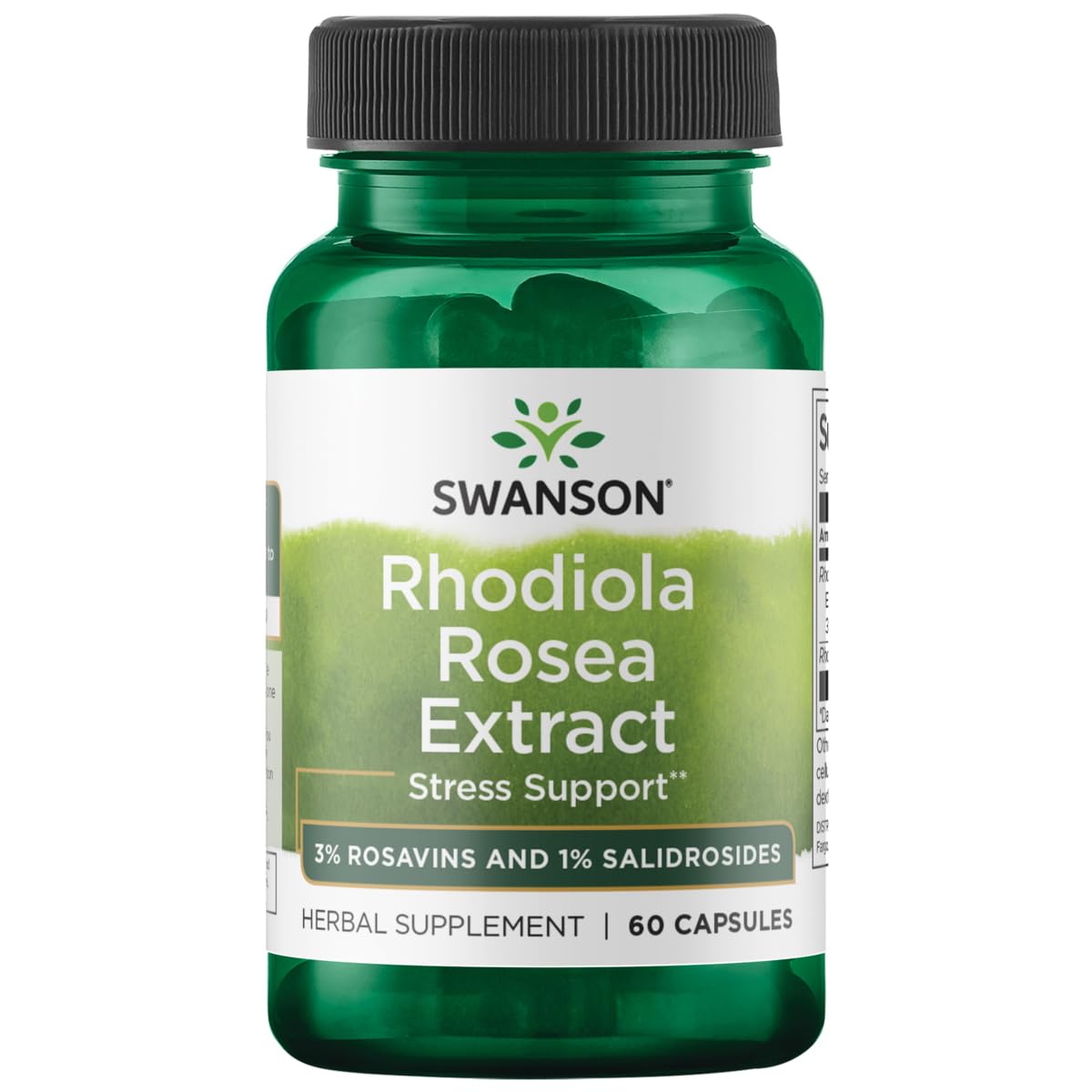 Swanson Rhodiola Extrait, bouteille complète, soutien potentiel au stress physique et énergie.