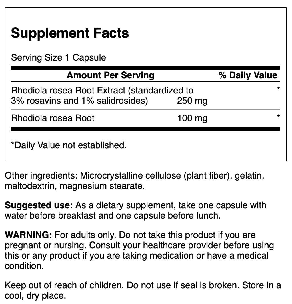 Swanson Rhodiola Extrait, capsules dans boîte, standardisée pour salidrosides et rosavins, traçabilité assurée.