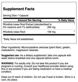 Swanson Rhodiola Extrait, capsules dans boîte, standardisée pour salidrosides et rosavins, traçabilité assurée.