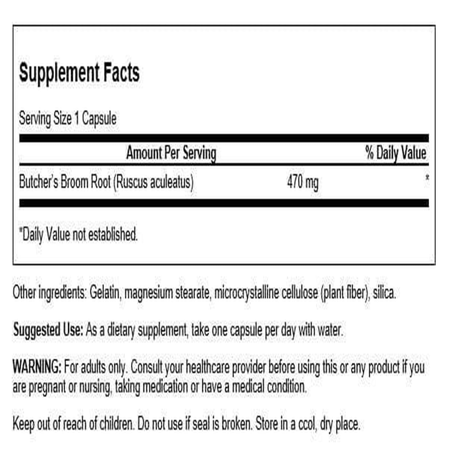 Swanson Ruscus aculeatus, flacon-capsules 470mg, potentiel tonus vasculaire et confort circulatoire.