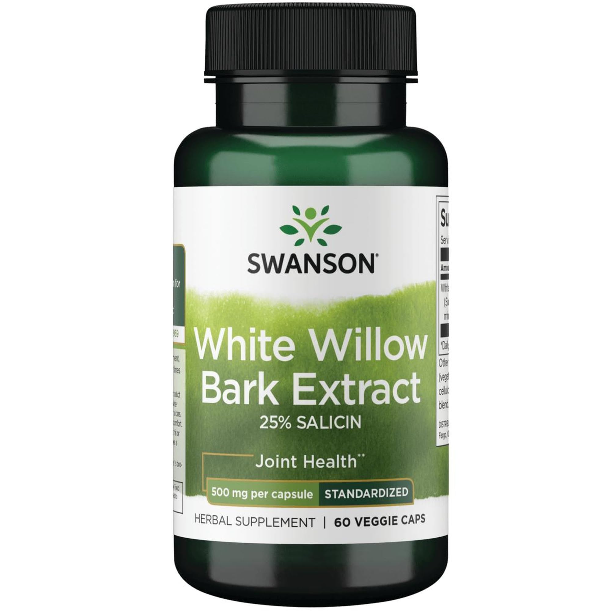 Swanson Saule Blanc Extrait, bouteille de 500 mg, potentiel soutien des articulations et muscles.