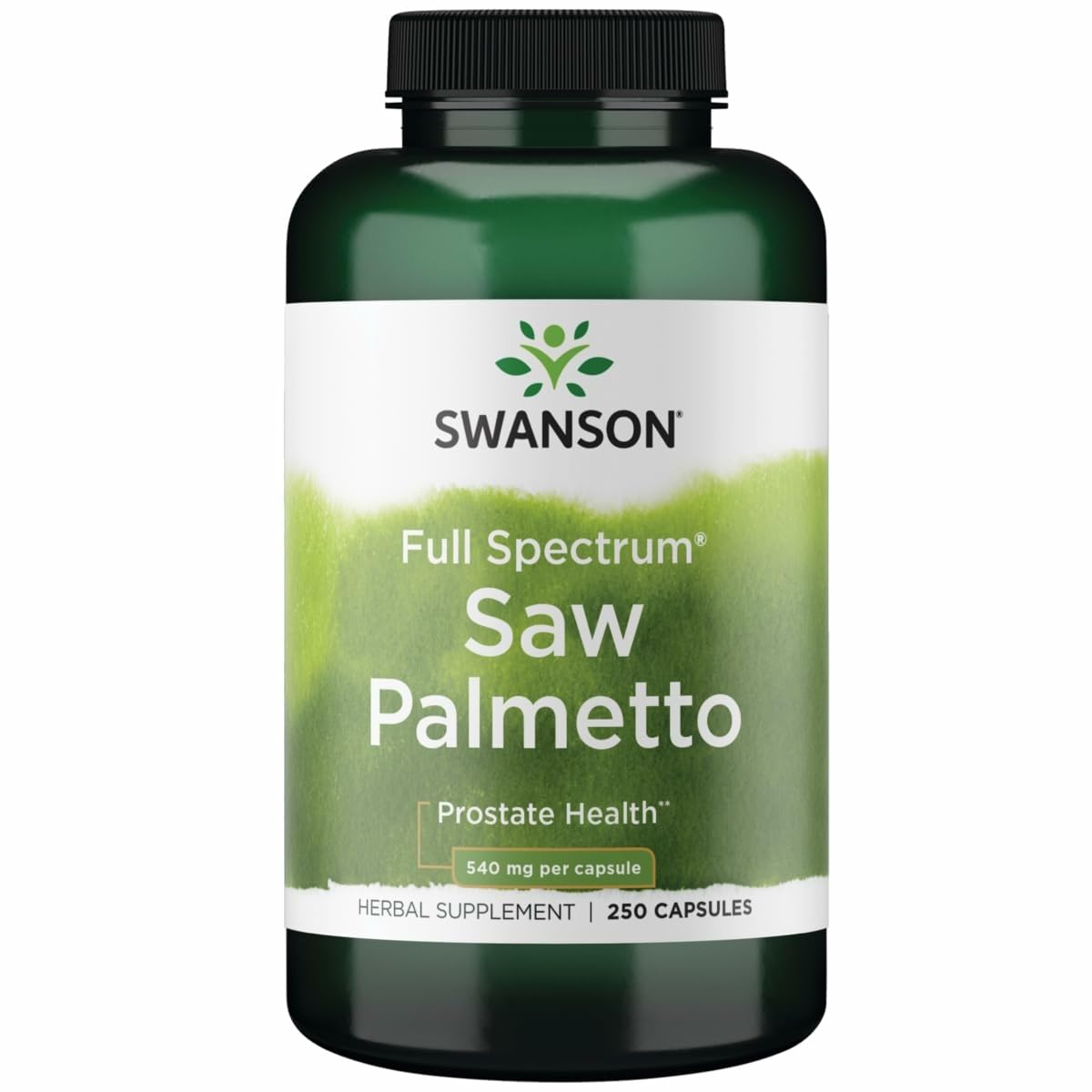 Swanson Saw Palmetto en bouteille de 540 mg soutient potentiellement la prostate.