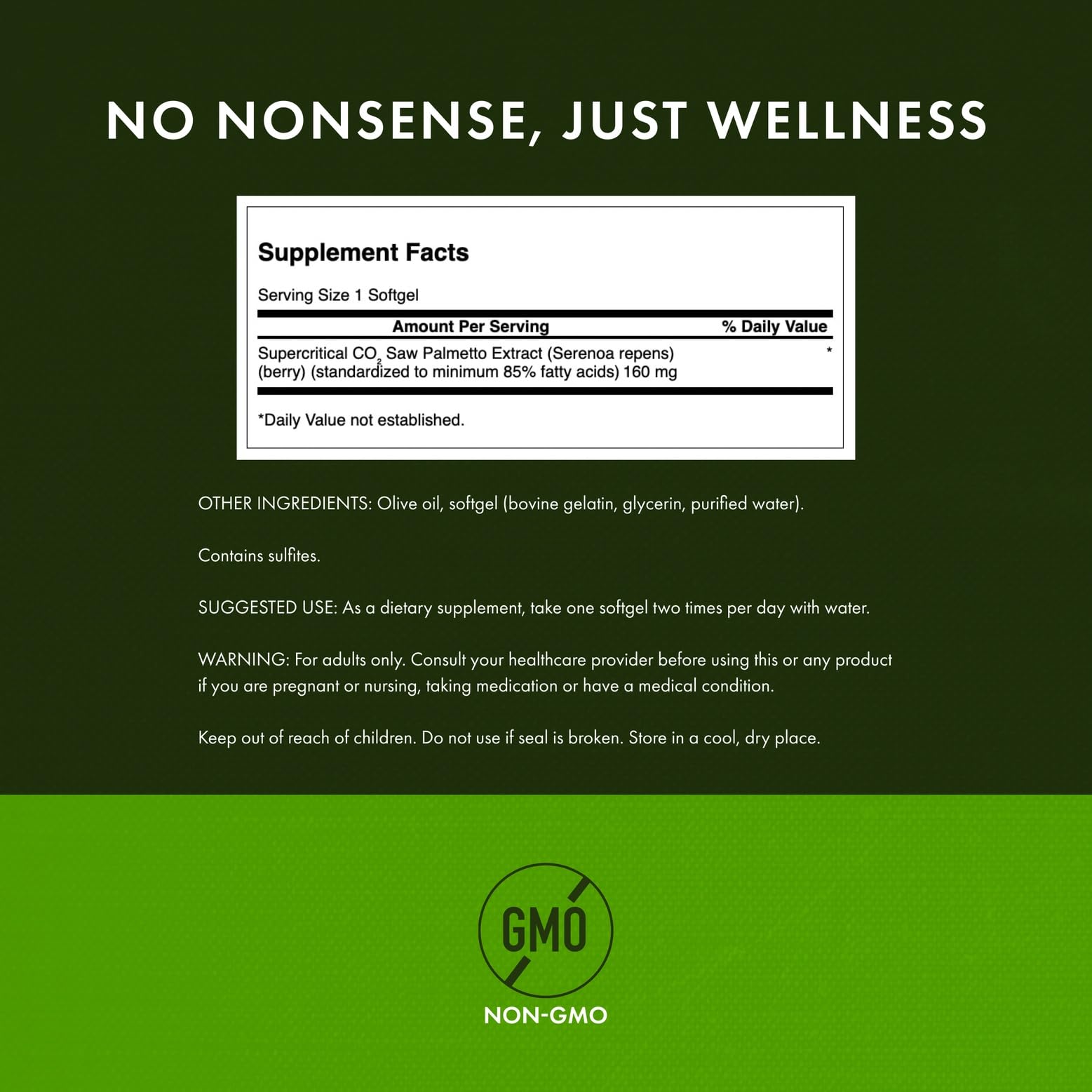 Swanson Saw Palmetto – étiquette, informations claires sur les bénéfices et les instructions d'utilisation.