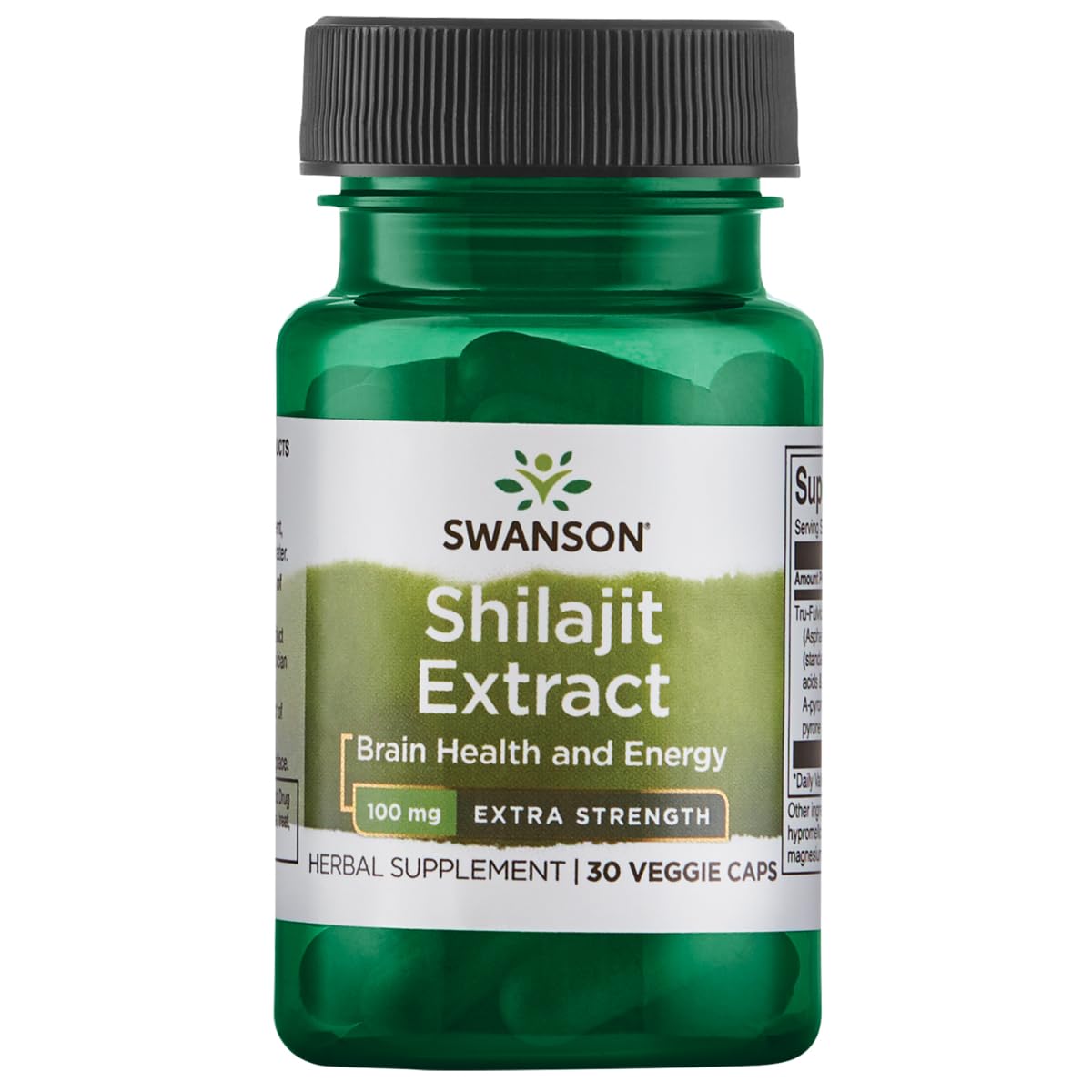 Swanson Shilajit Extrait 100 mg – flacon illustrant énergie et vitalité potentielles.
