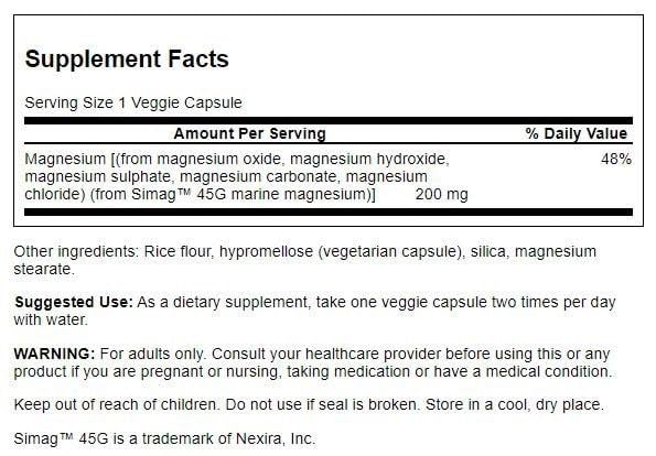 Swanson Simag Marine Magnésium 200 mg – boîte et étiquette claires pour une supplémentation pratique
