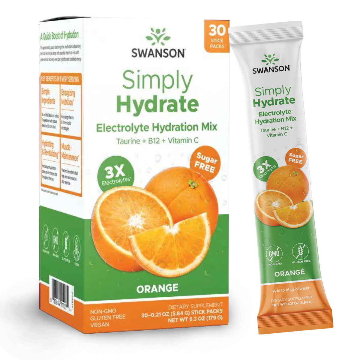 Swanson Simply Hydrate, boîte de 3 sachets, pratique pour une hydratation rapide en déplacement.