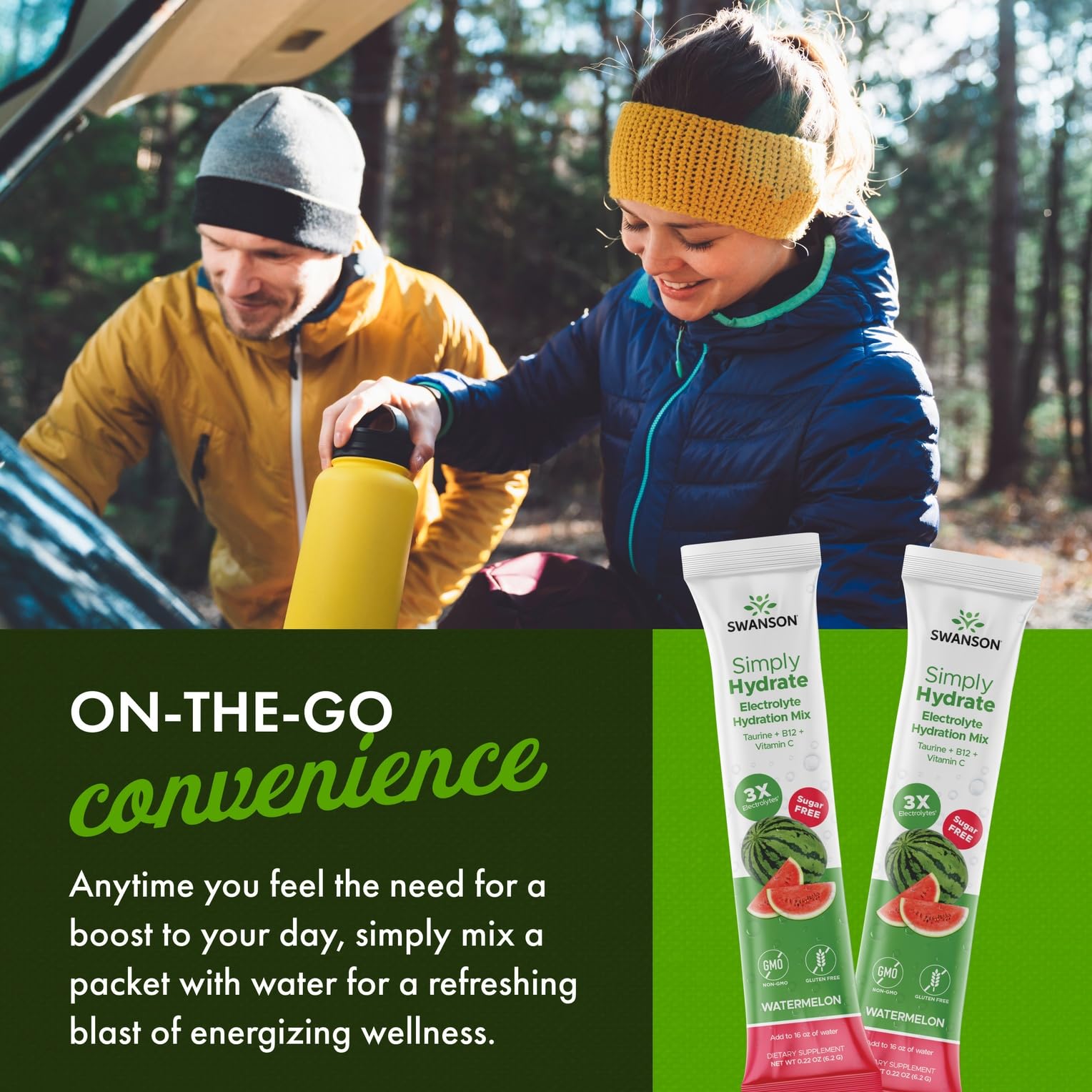 Swanson Simply Hydrate sachets en déplacement facilitant l'hydratation pendant les trajets.