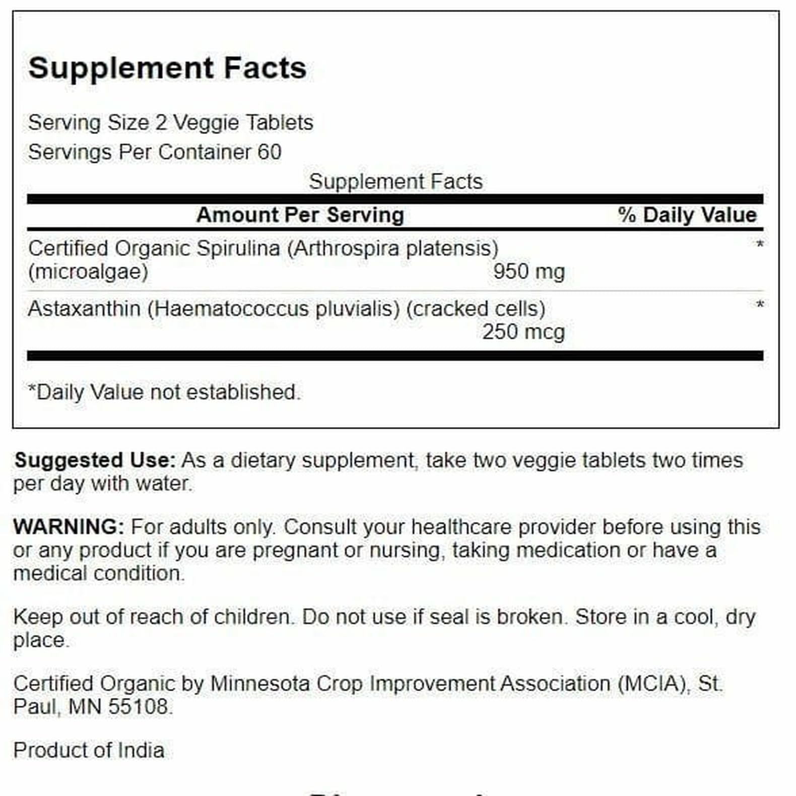 Swanson Spiruline Astaxanthine: étiquette claire sur les bénéfices et l'origine.