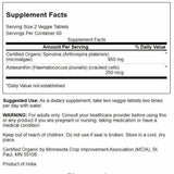 Swanson Spiruline Astaxanthine: étiquette claire sur les bénéfices et l'origine.